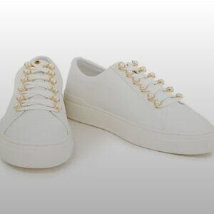 STUART WEITZMAN Excelsa Pearl Embellished Sneakers White Leather Size 6.5